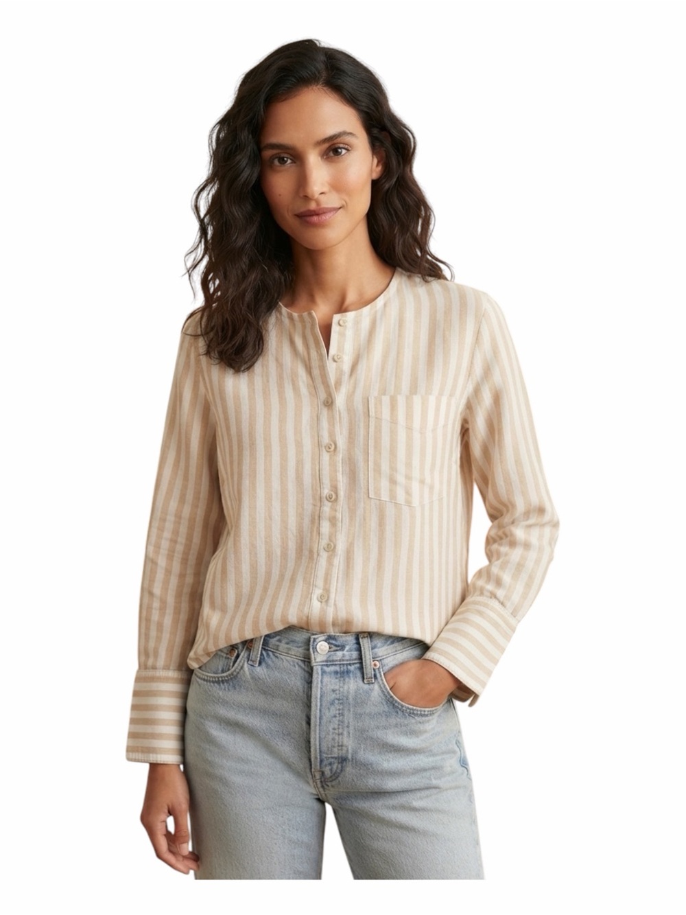 Everlane Linen Collarless Striped Button Shirt Pullover Size 2 (Small)